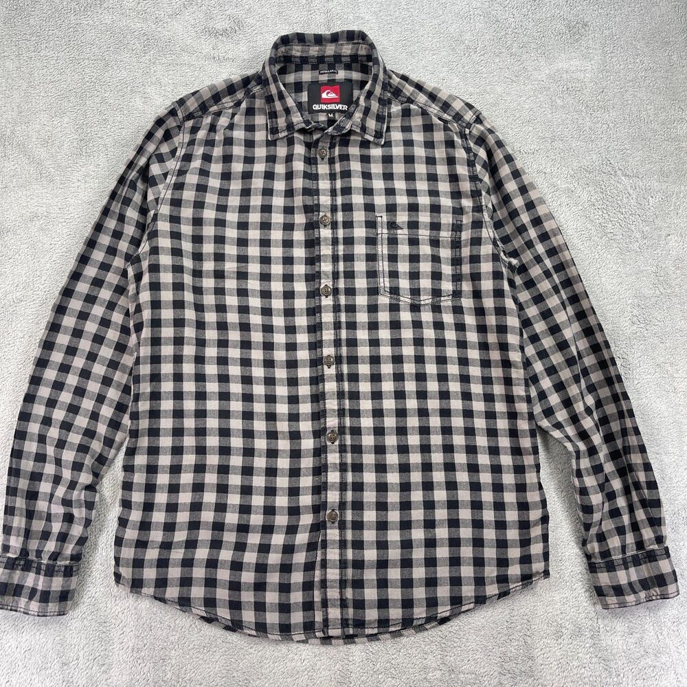 Quiksilver Shirt Mens Medium Black Gray Checkered Cotton Regular Fit Button Up